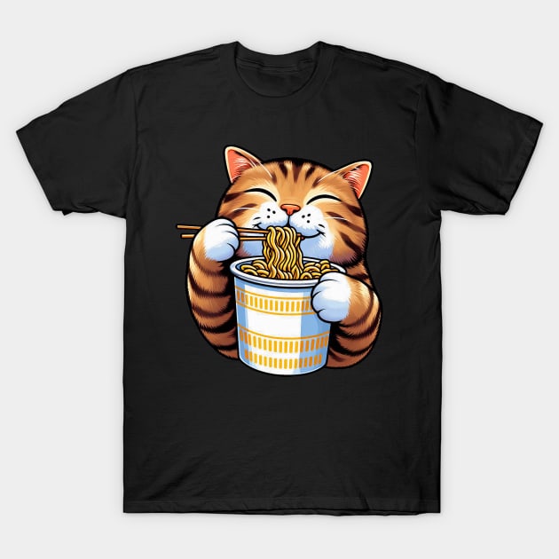 Tabby Cat Eating Instant Noodles T-Shirt by Plushism